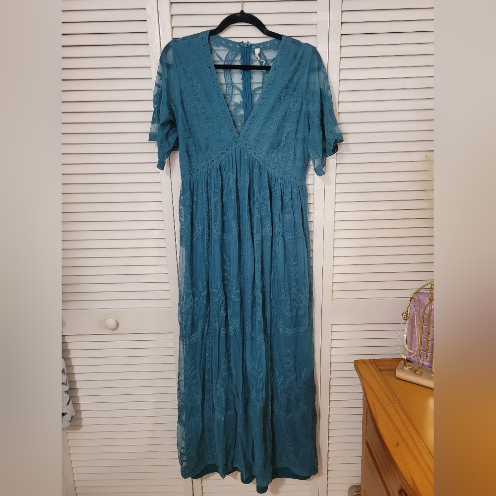 Blush Blue Pleated Dress with Flutter Sleeves